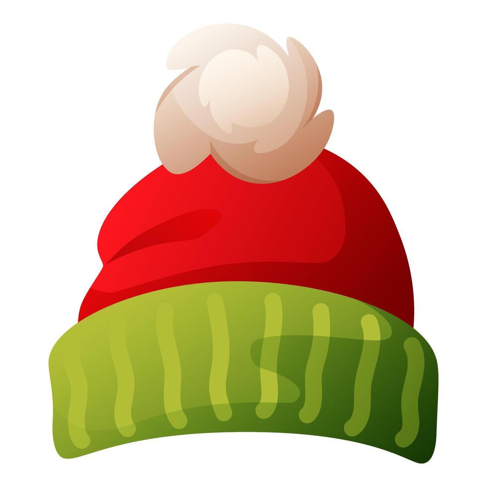 Christmas striped headdress, green red stripes with fur and pompom. Festive red santa claus cap, elf hat, winter hat. illustration for winter holidays design, new year. vector