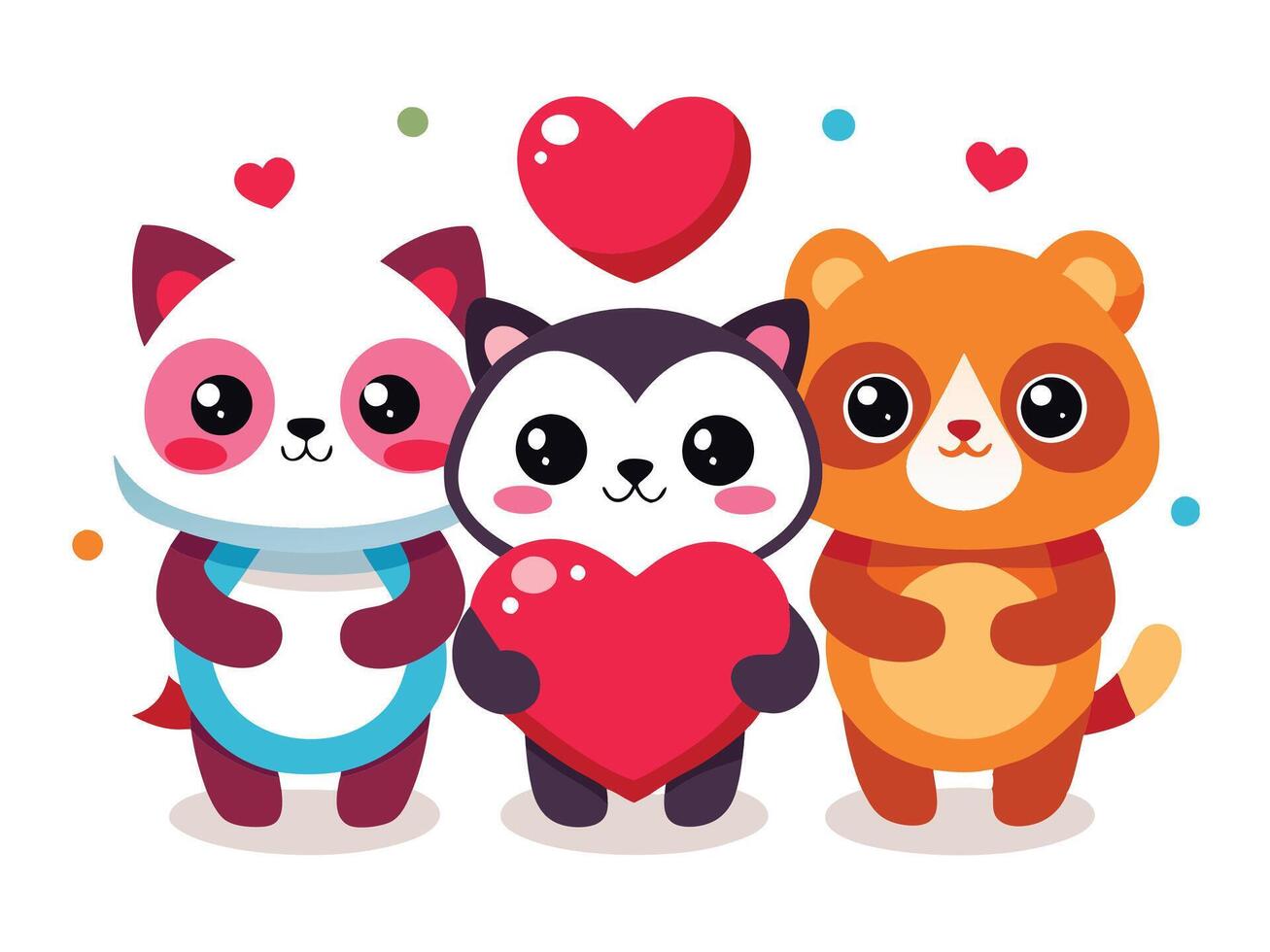 Cute Animals Holding Hearts Pandas Cats Style vector