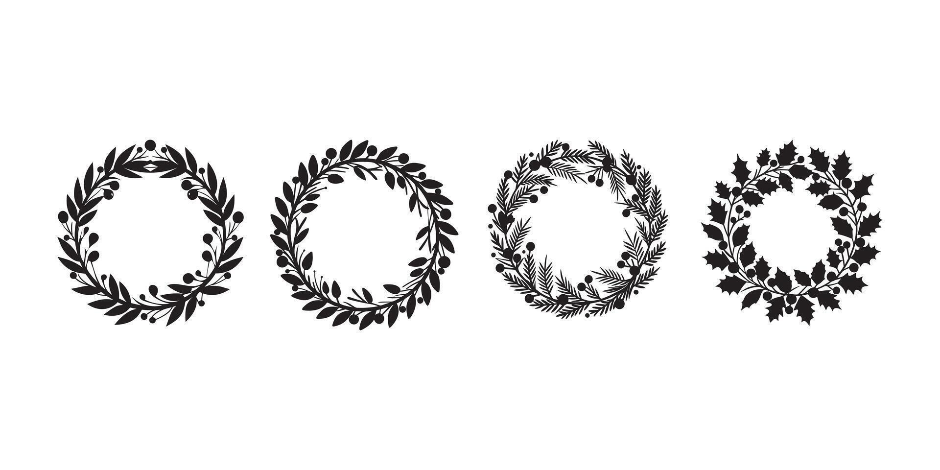 Set of Christmas Wreath Silhouettes on White Background vector