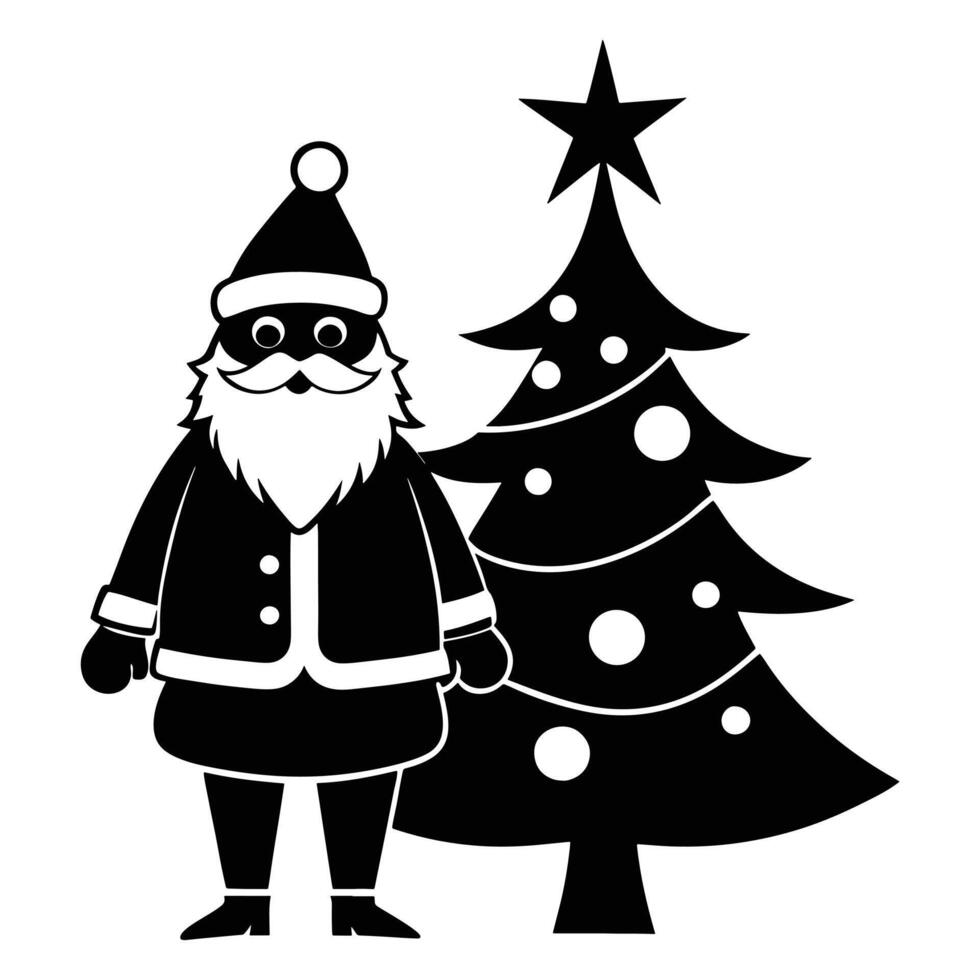 Santa Claus Standing Next to a Decorated Christmas Tree Silhouette vector