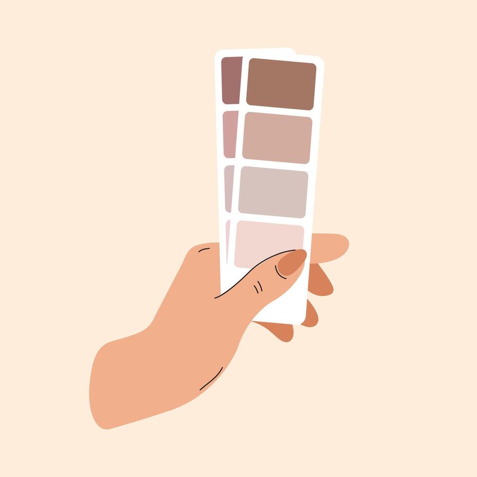 Color palette choice. Hand holds palette with the trending color of 2025. Color of chocolate mousse and mocha. Cards with brown colors for fashion shows, demonstration of trends in clothing. vector