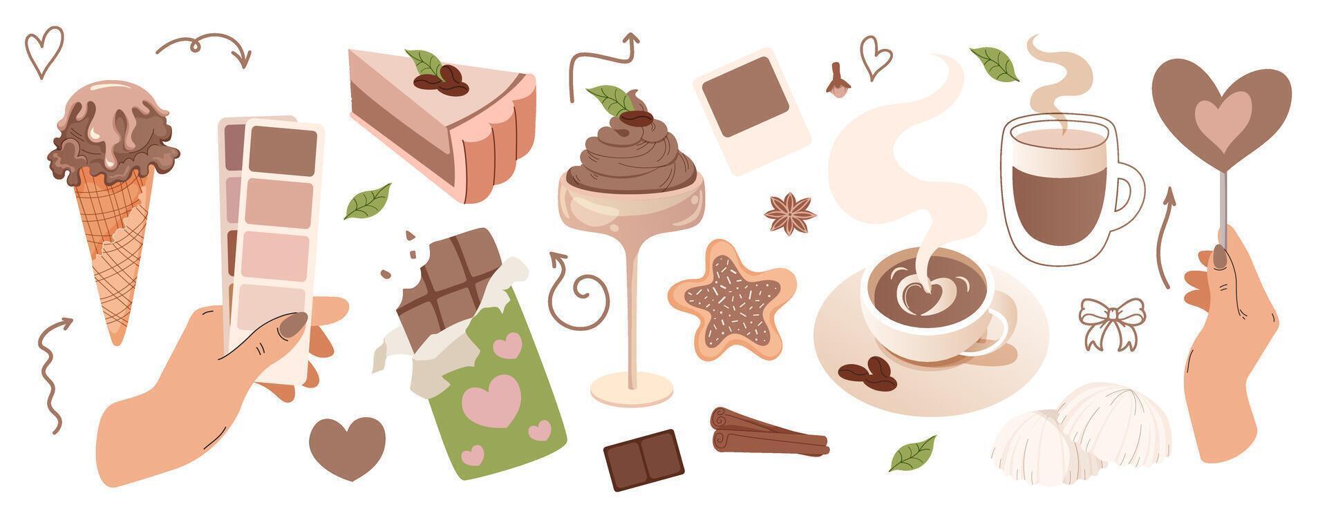 Mocha flavored desserts set. Chocolate mousse, cappuccino, piece of cake. Hand holds palette of colors. Demonstrating the colors of 2025 - Mocha Mousse. flat illustration. vector