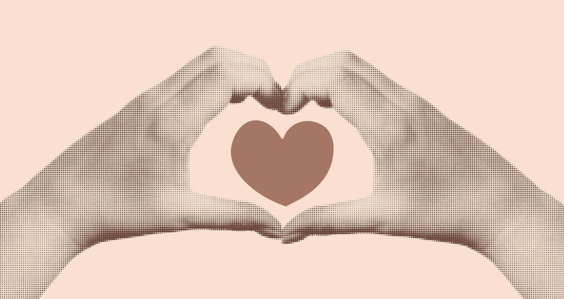 Hands show heart. Trendy halftone hand elements for collages. Demonstrating colors of 2025 - Mocha Mousse. Chocolate cream background. illustration. vector