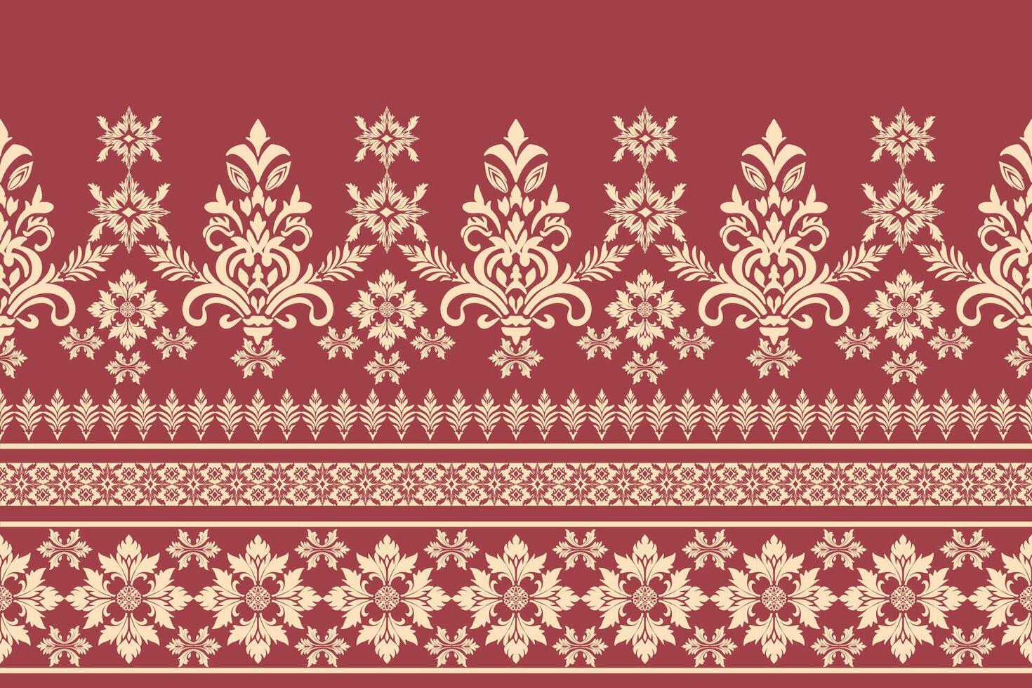 Seamless golden floral damask shape with yellow geometric ethnic tradition pattern texture on red background. Silk pattern decoration for carpet. Thai clothing wrapping and wallpaper vector