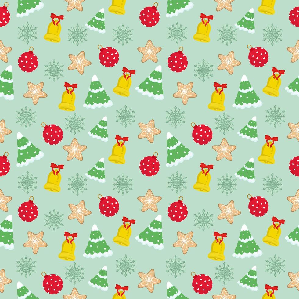 Cute seamless of red bell with snow on pine tree and gingerbread cookie star on snowflake and starburst on pastel green wallpaper and background. Christmas and new year holiday concept vector