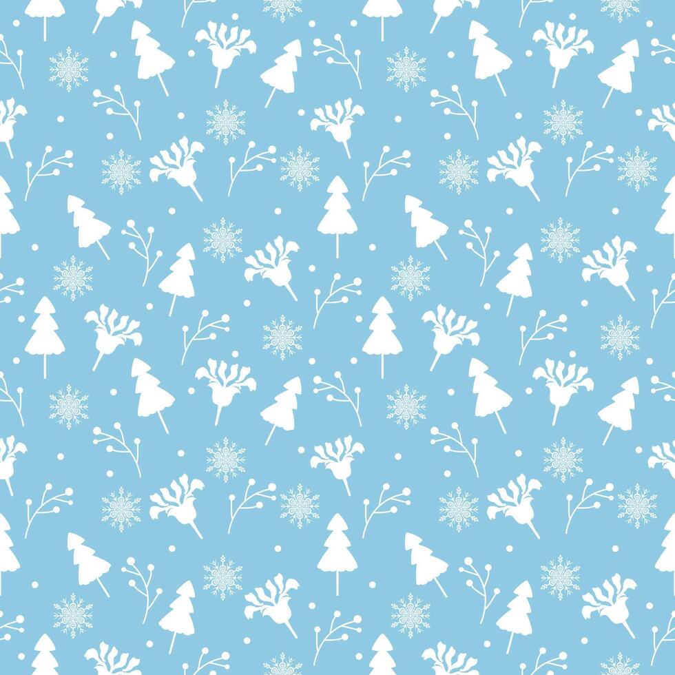 Cute seamless of white pine tree with flower on white snowflake and starburst on pastel blue wallpaper and background. Christmas and new year holiday concept vector