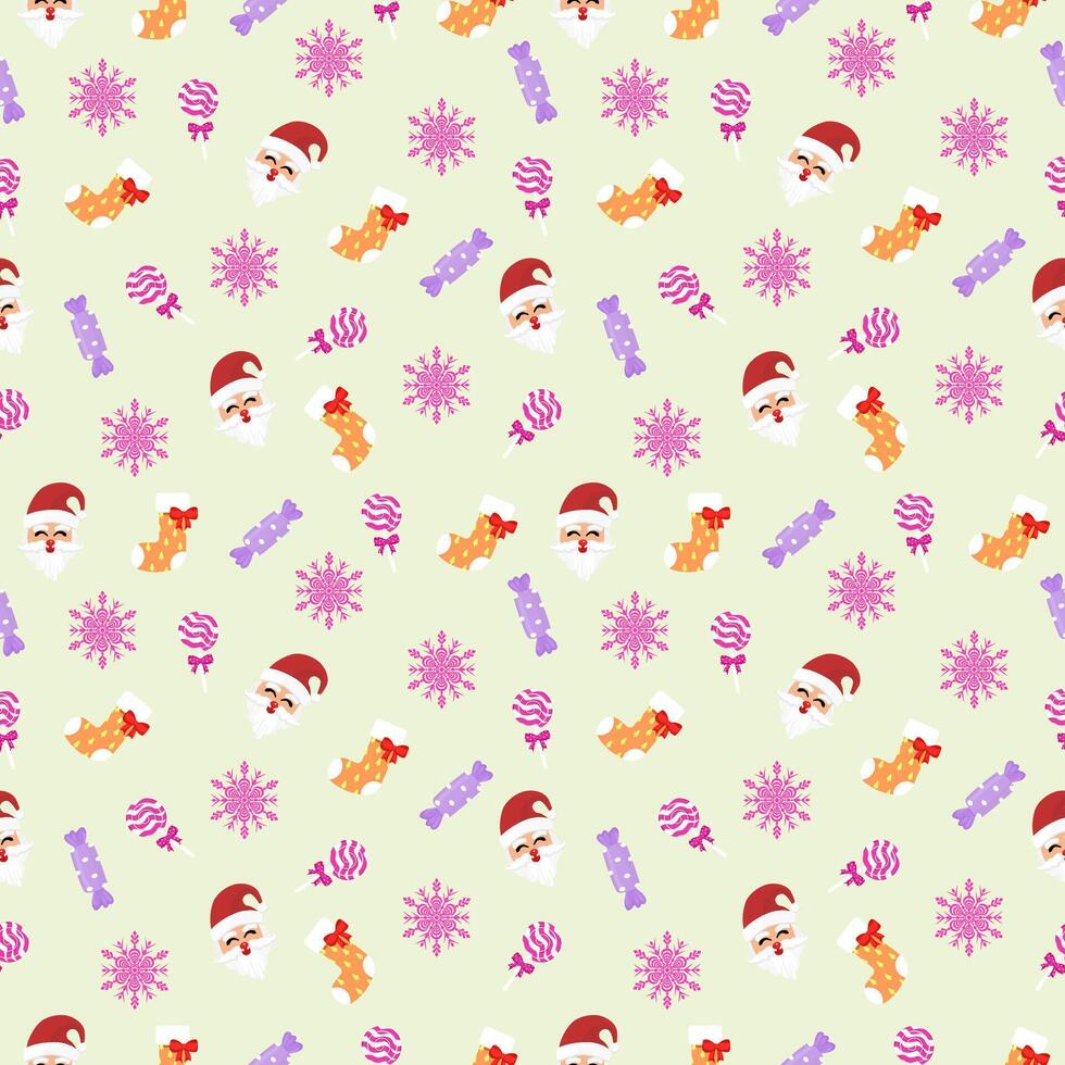 Cute seamless of Santa Claus red hat with candy and orange sock on pink snowflake and starburst on yellow wallpaper and background. Christmas and new year holiday concept vector