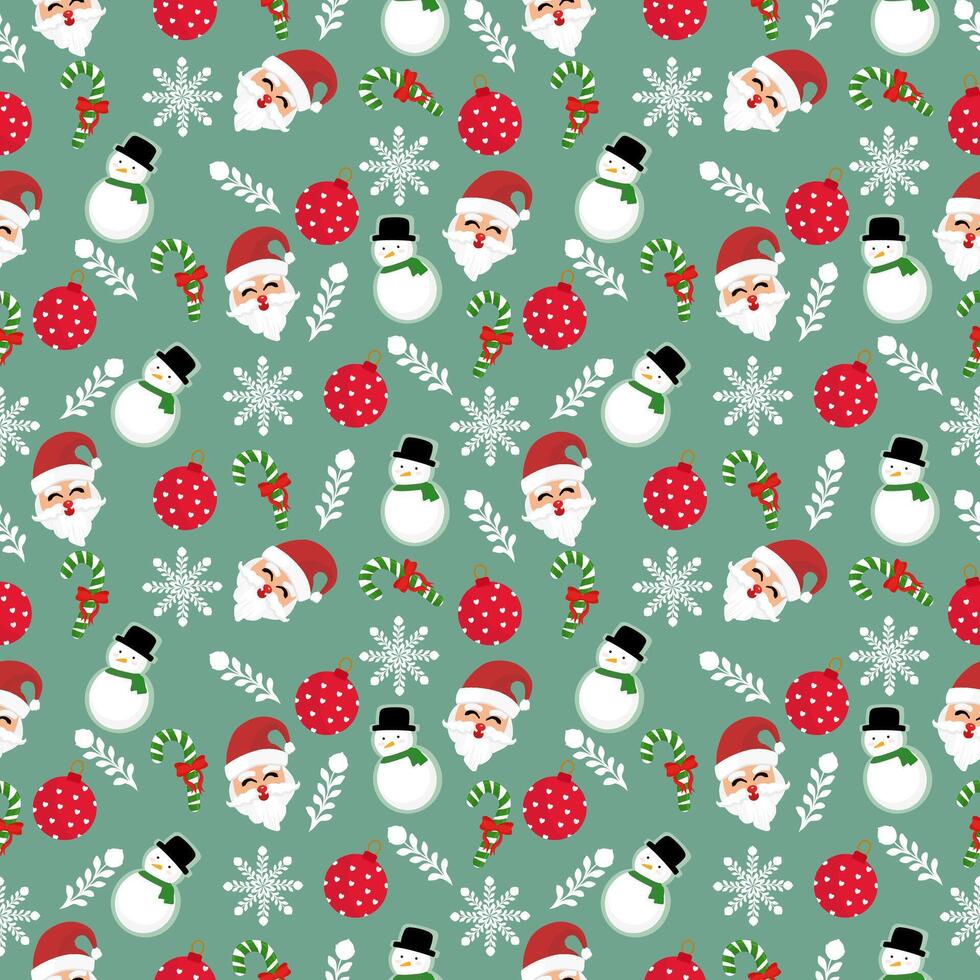 Cute seamless of Santa Claus red hat with red bell and snowman on white snowflake and starburst on pastel green wallpaper and background. Christmas and new year holiday concept vector