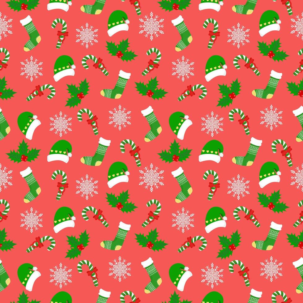 Cute seamless of Santa Claus green hat with sock and candy cane with cherry on red snowflake and starburst on green wallpaper and background. Christmas and new year holiday concept vector