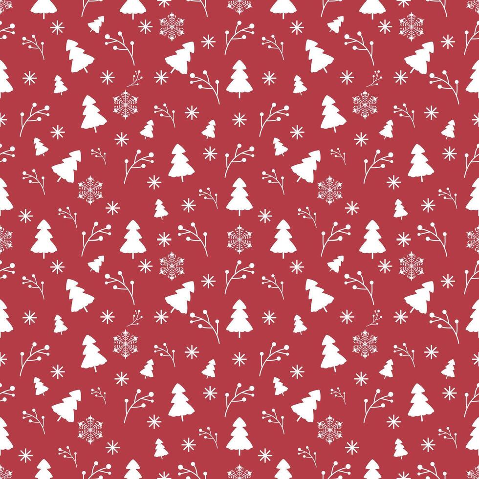 Cute seamless of white pine tree and flower on white snowflake and starburst on red wallpaper and background. Christmas and new year holiday concept vector