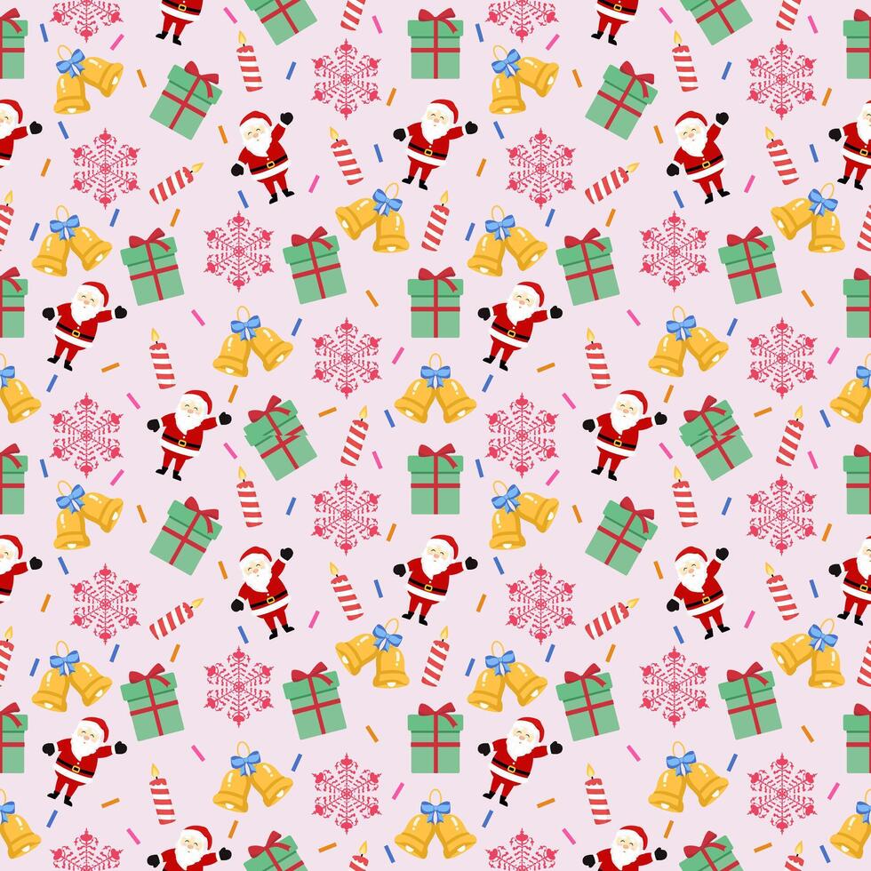 Cute seamless of Santa Claus red hat with green gift box and candy cane on snowflake and starburst on pink wallpaper and background. Christmas and new year holiday concept vector