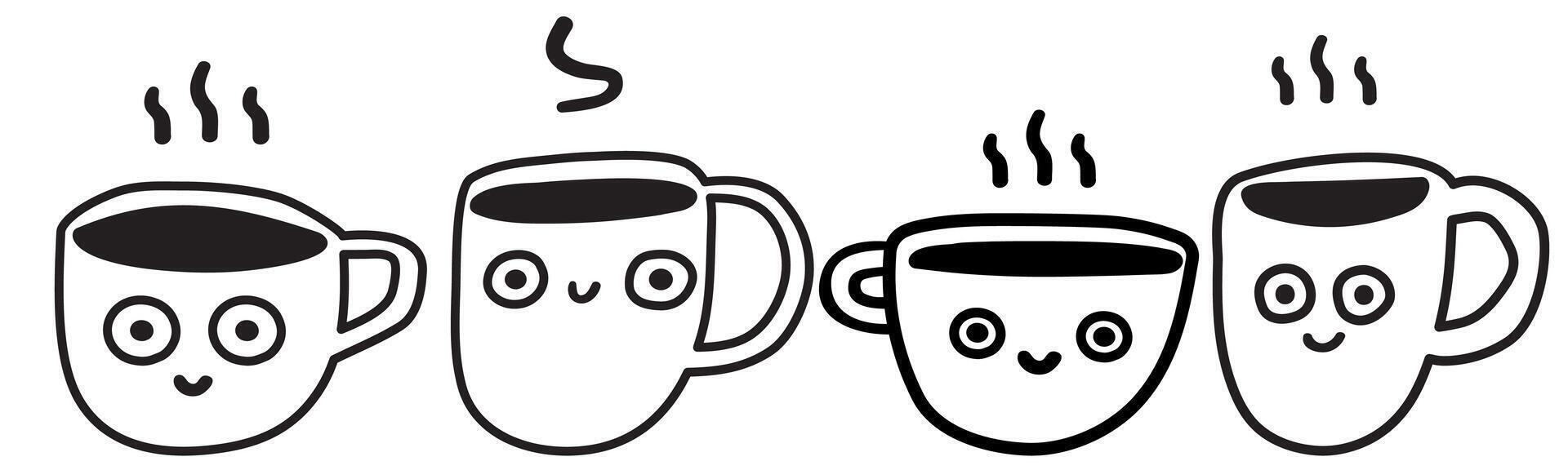 Cute and drawn cups of coffee. Outline design. isolated icons. Illustrations on white background. vector