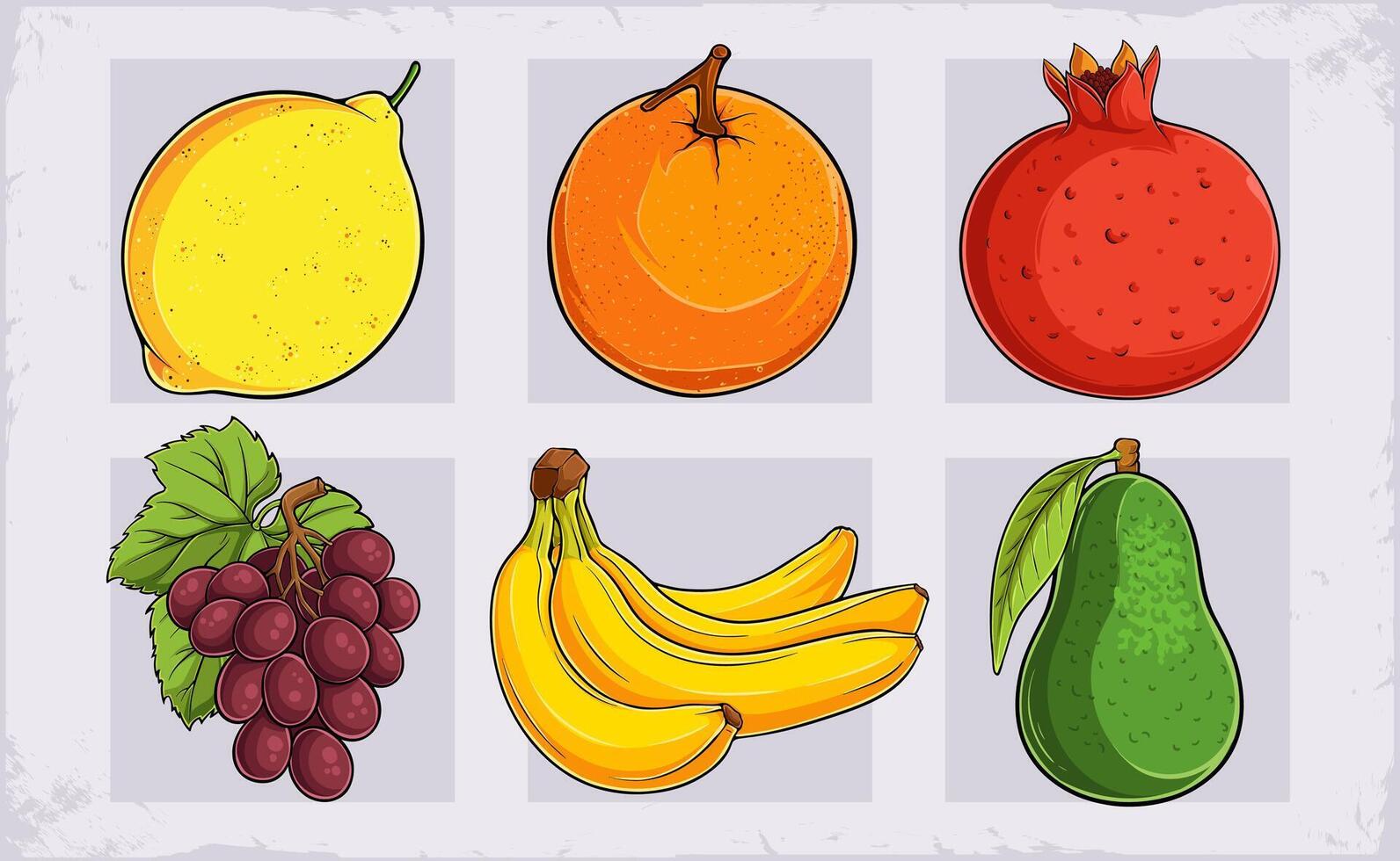 Hand drawn set of fresh organic fruits lemon, pear, bunch of bananas, grapes, pomegranate, orange vector