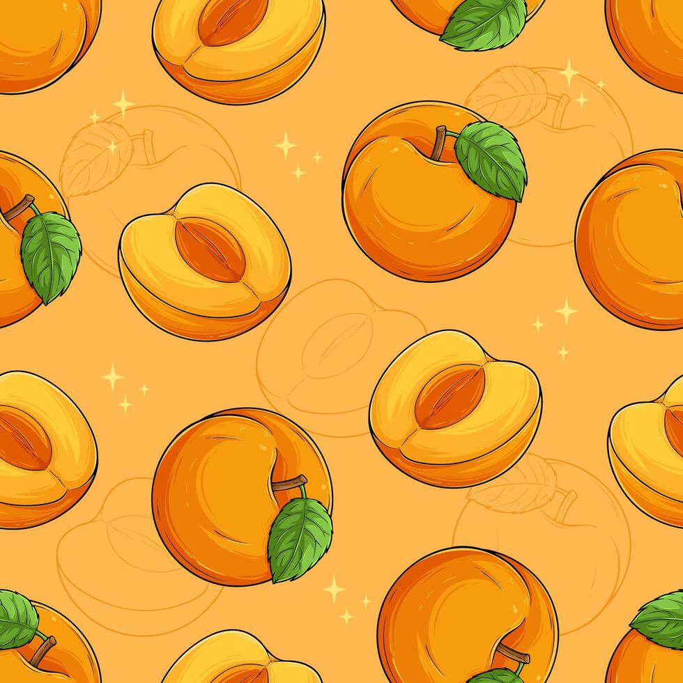 Hand drawn seamless pattern of full and half sliced juicy organic orange apricot with green leaves vector
