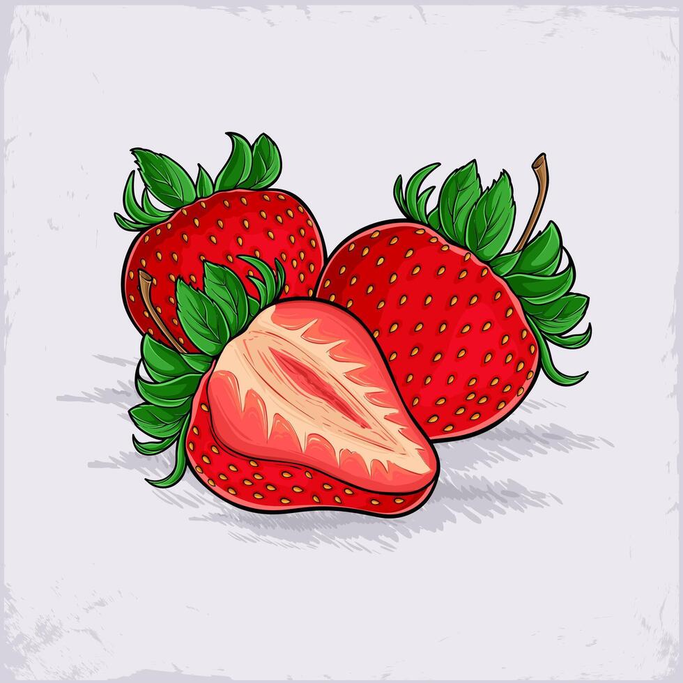 Hand drawn set of tasty fresh full and half sliced red strawberries with seeds and green leaves vector