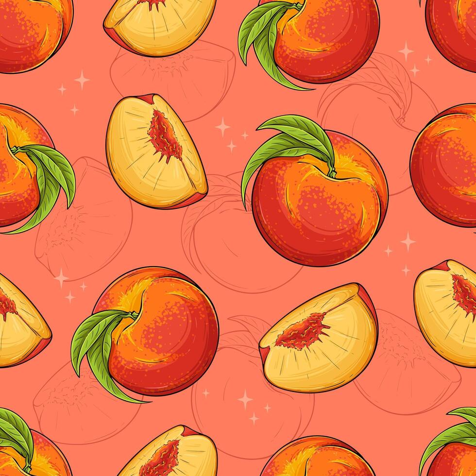 Hand drawn seamless pattern of full and sliced fresh juicy tropical peaches with green leaves on top vector