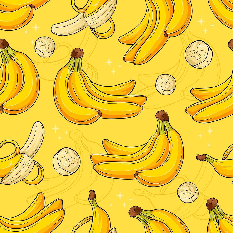 Hand drawn seamless pattern of bunch of yellow delicious peeled and small cut bananas isolated vector