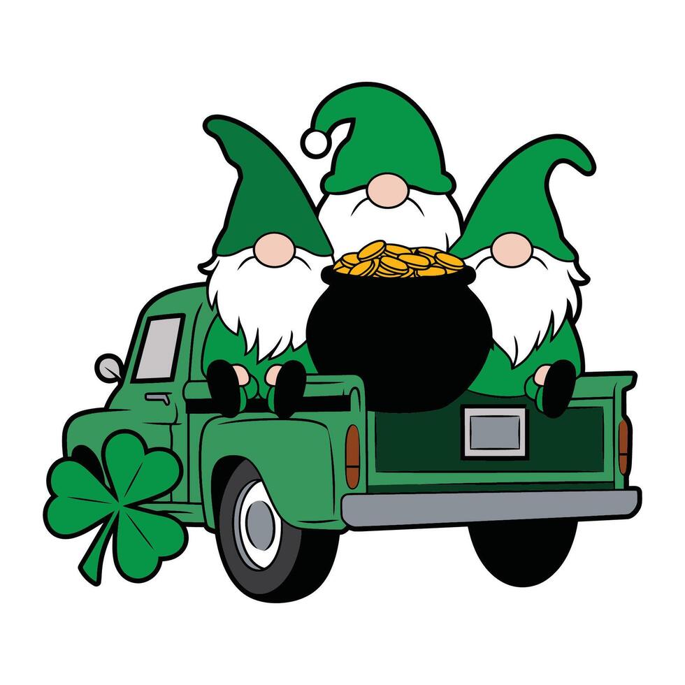 Gnomes with Pot of Gold and Clover on Green Truck Illustration vector