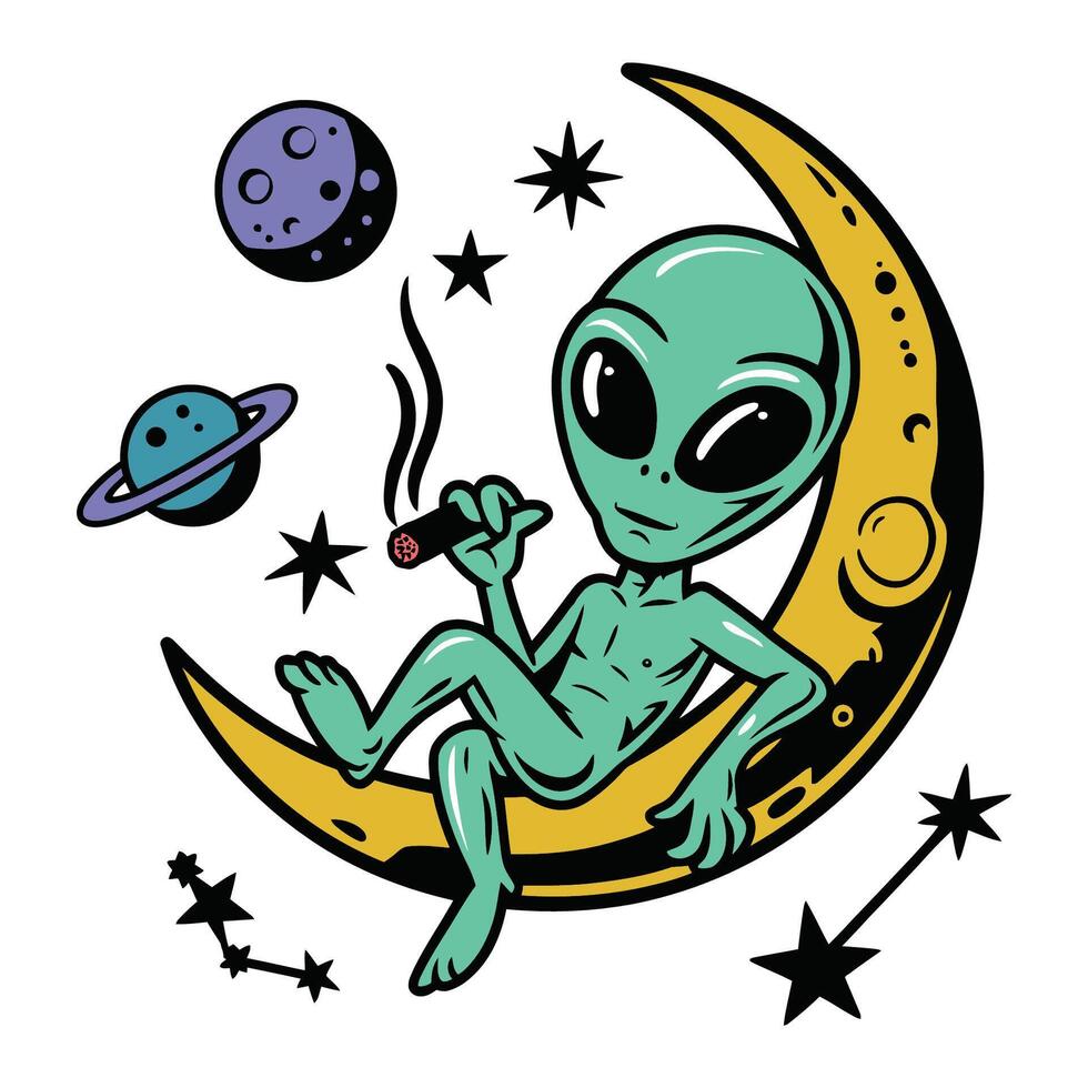 Alien Sitting on Moon with Space Elements Illustration vector