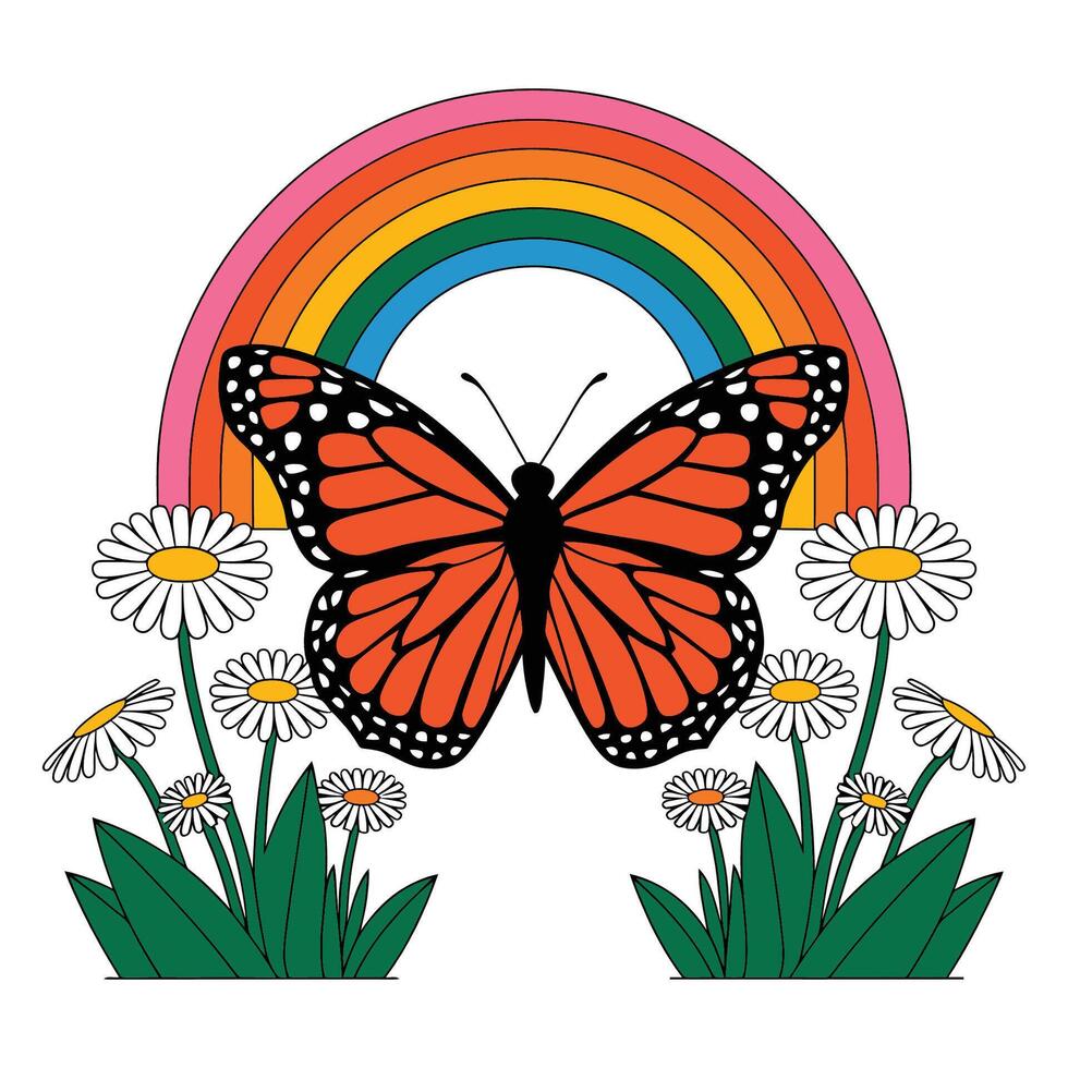 Vibrant Butterfly with Rainbow and Daisy Flowers vector