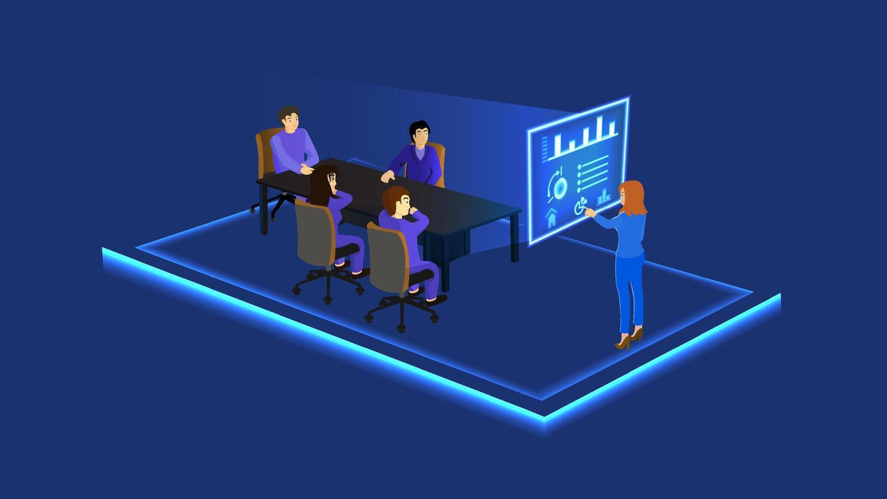 A female leader is giving a technology presentation to her subordinates. vector