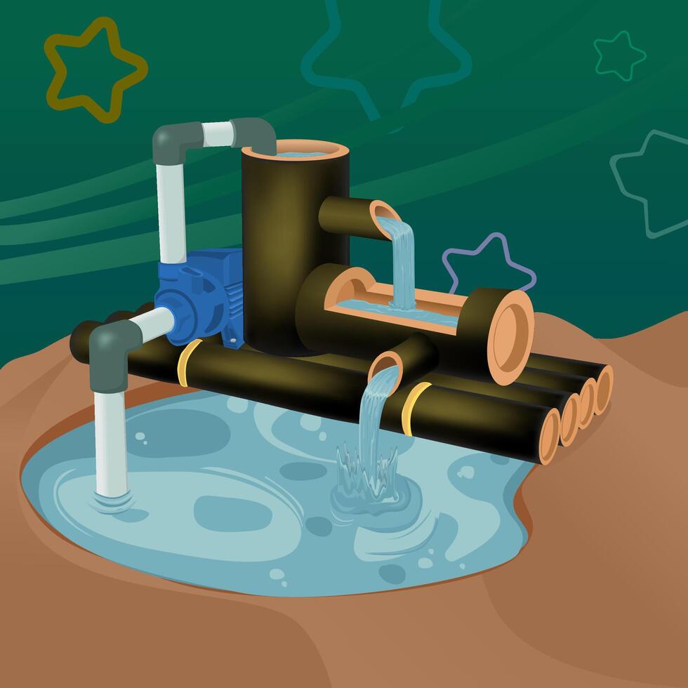 a traditional bamboo fountain whose water flow is assisted by an electric pump. vector