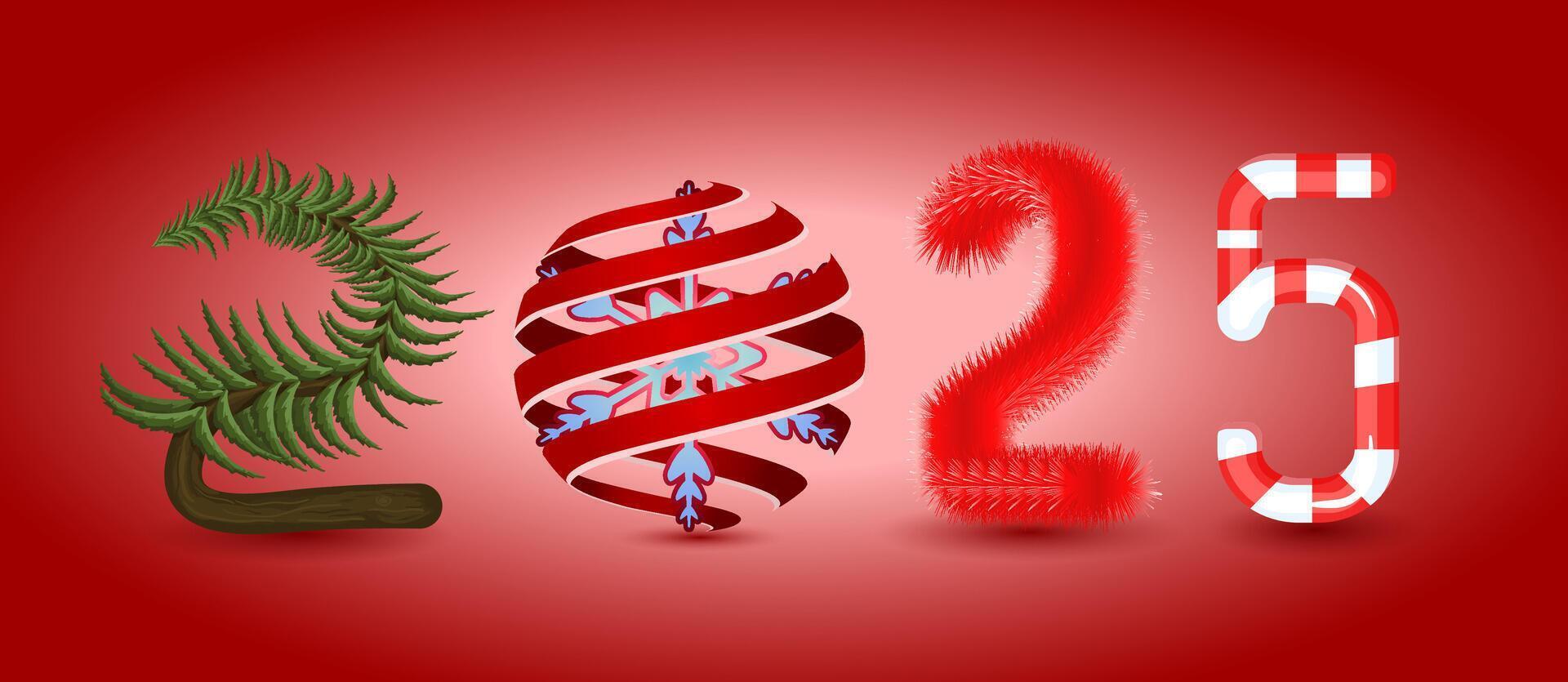 A unique combination of Christmas objects and the number 2025 that creates a unity that is ready to be used in every design. vector