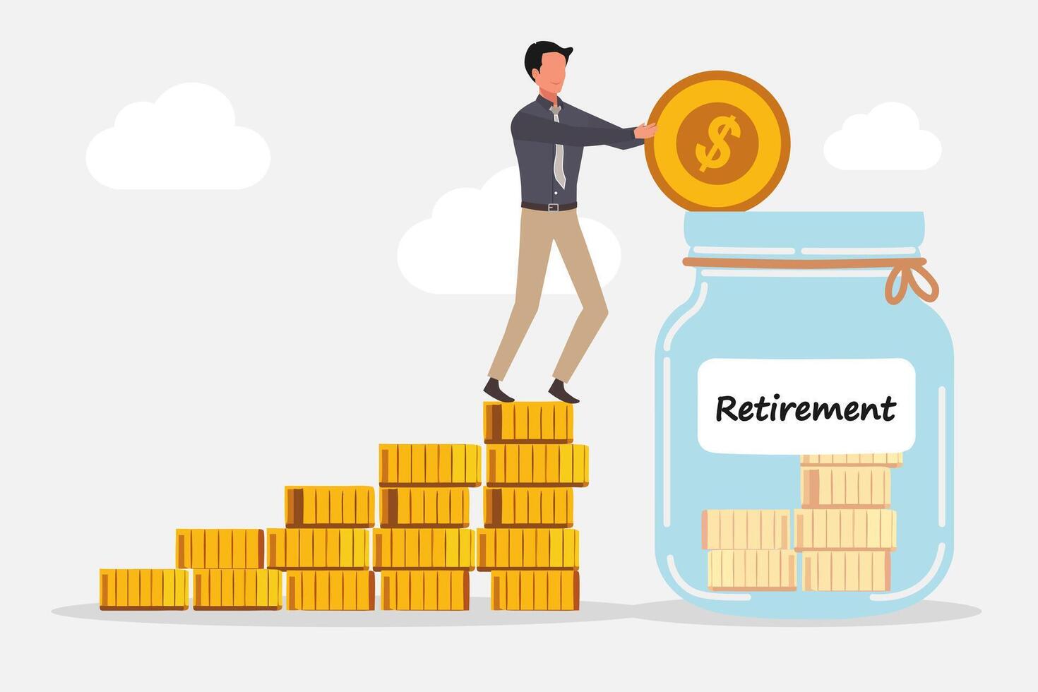 Businessman standing on stack of coins and putting a coin into a glass jar to prepare for retirement. Saving money for retirement. vector