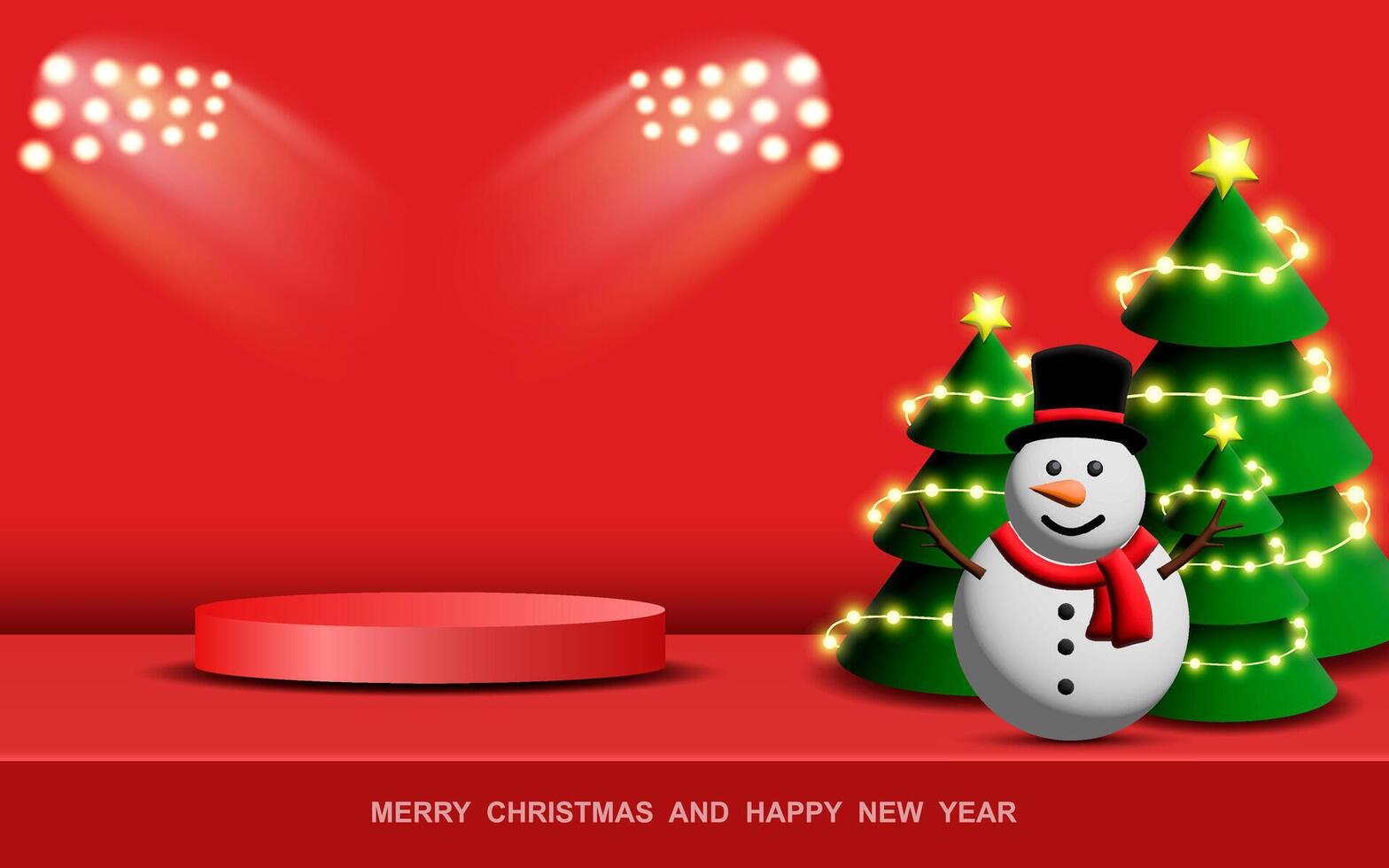 Christmas podium. Red Podium for product display presentation with Christmas tree and snowman. Podium platform for displaying products on a red background. vector