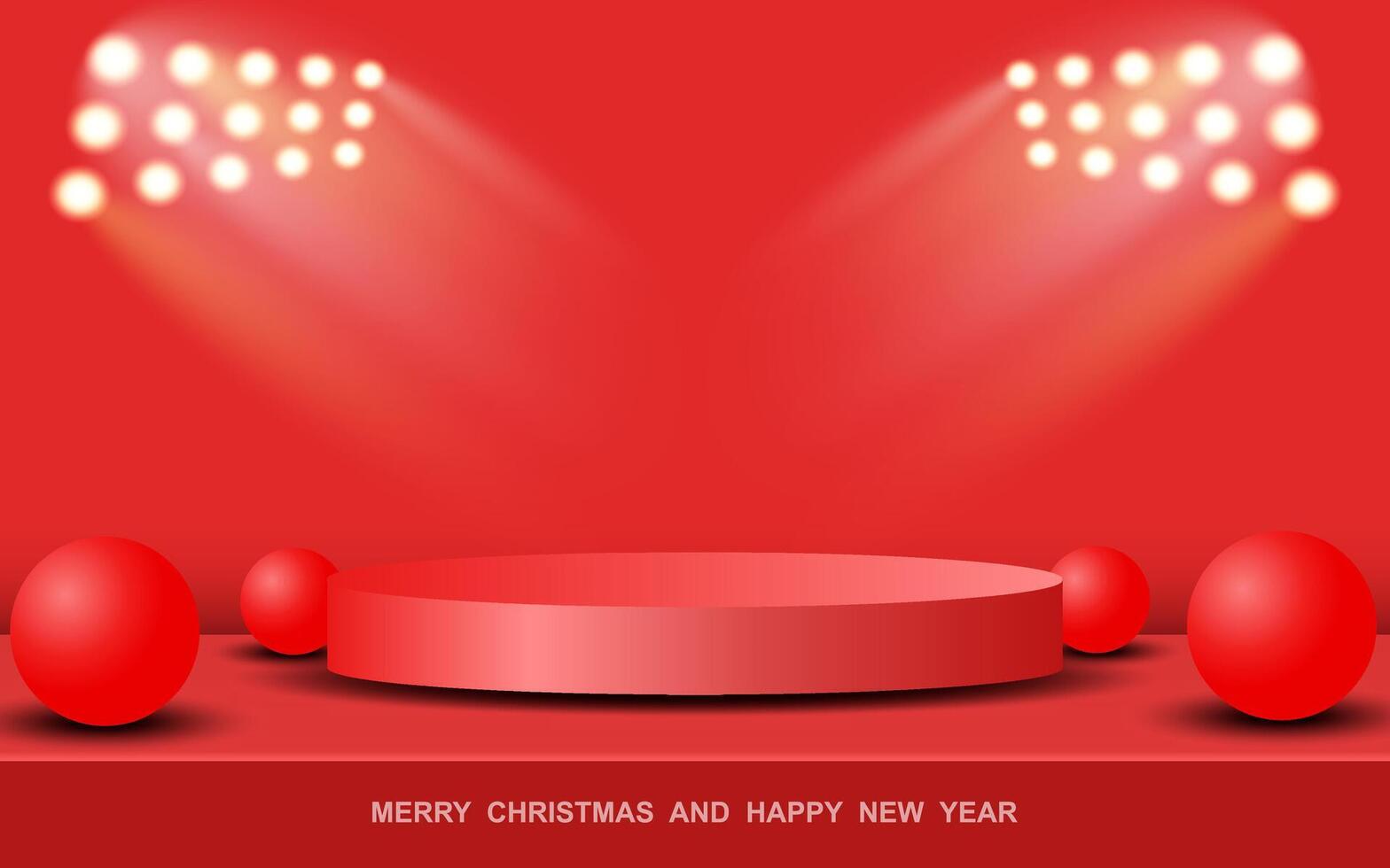 Christmas background. Red background design for product display. podium with decorated Christmas balls. vector