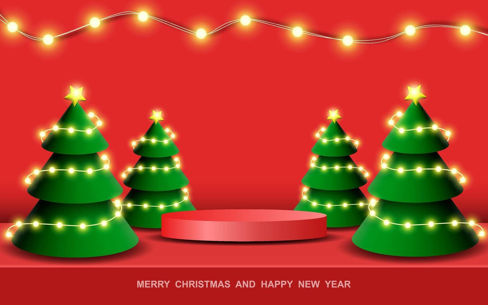 Christmas podium. Red Podium for product display presentation with Christmas tree. Podium platform for displaying products on a red background. vector