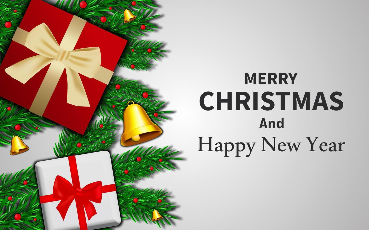 Merry Christmas and happy new year background. Christmas letters, gift boxes, Christmas balls. Christmas element for web, banner, greeting card, template design. vector