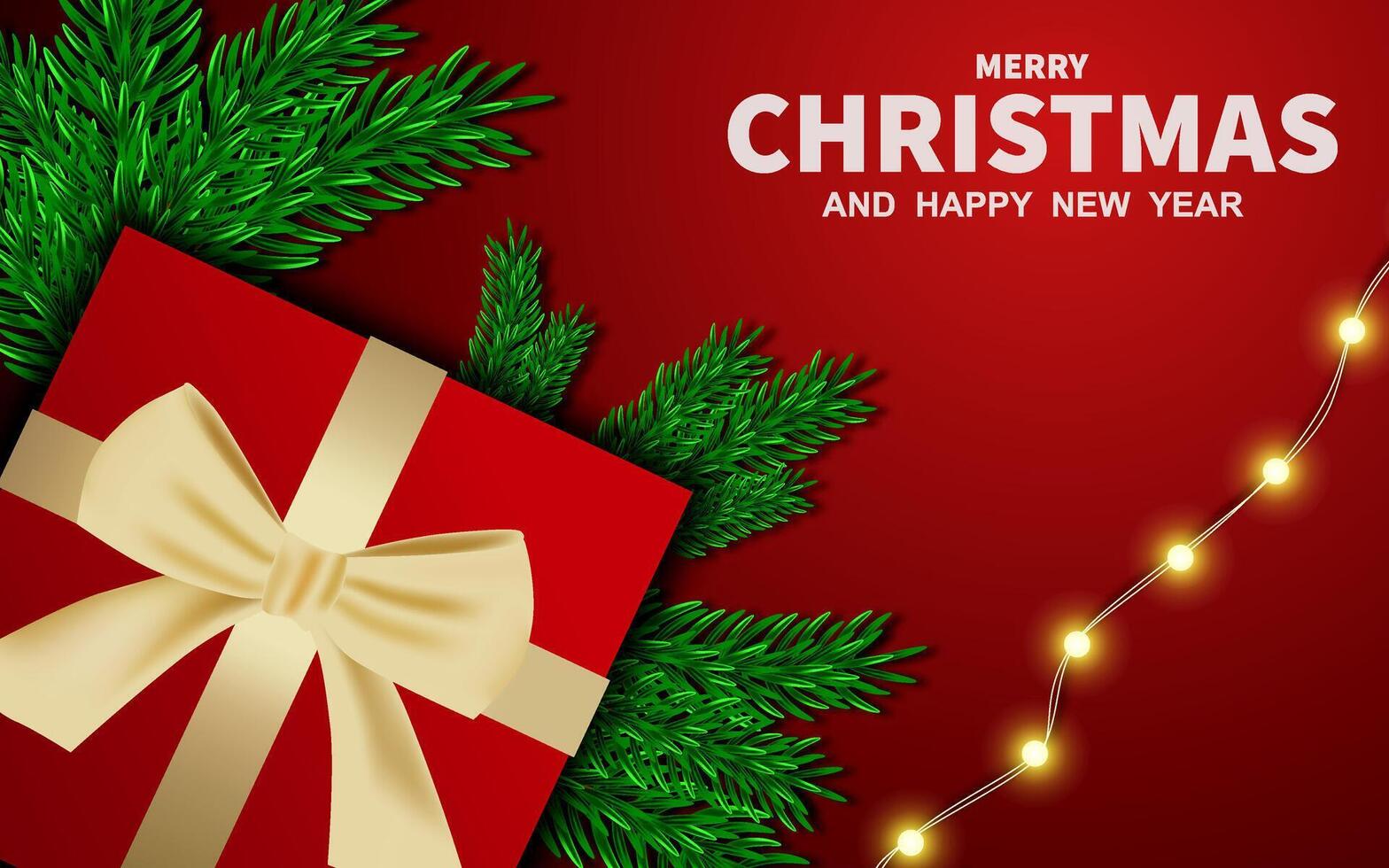 Merry Christmas greeting background design. Christmas greeting text on background with gift boxes, fir tree and decoration elements. vector