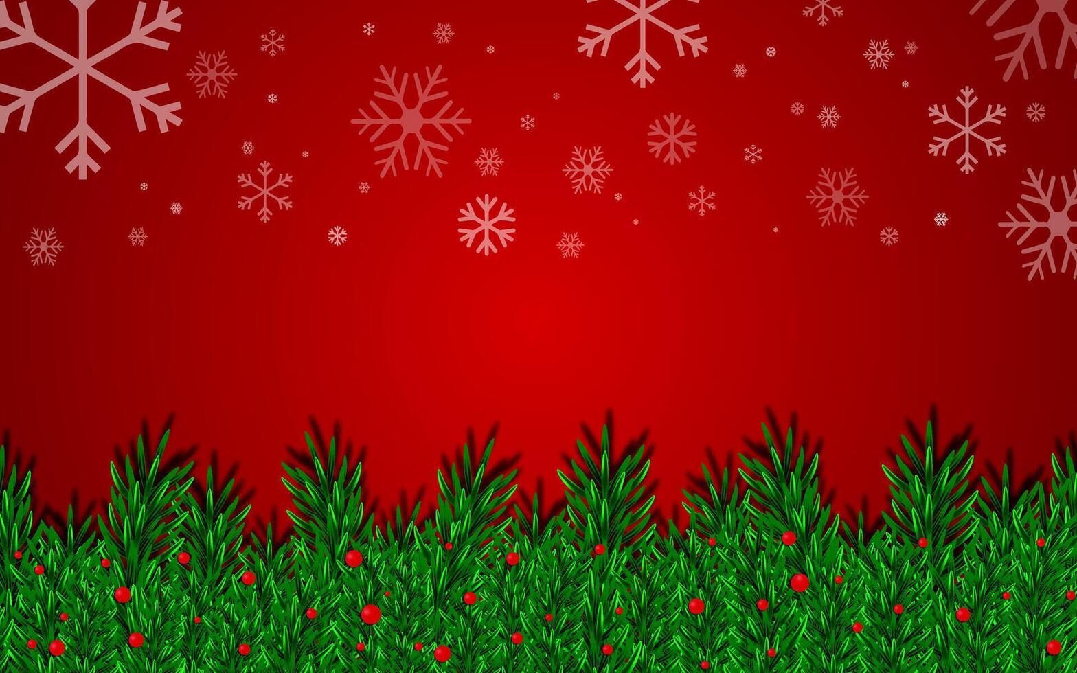 Merry Christmas and New Year Red Background Christmas Tree Branch Decoration. vector