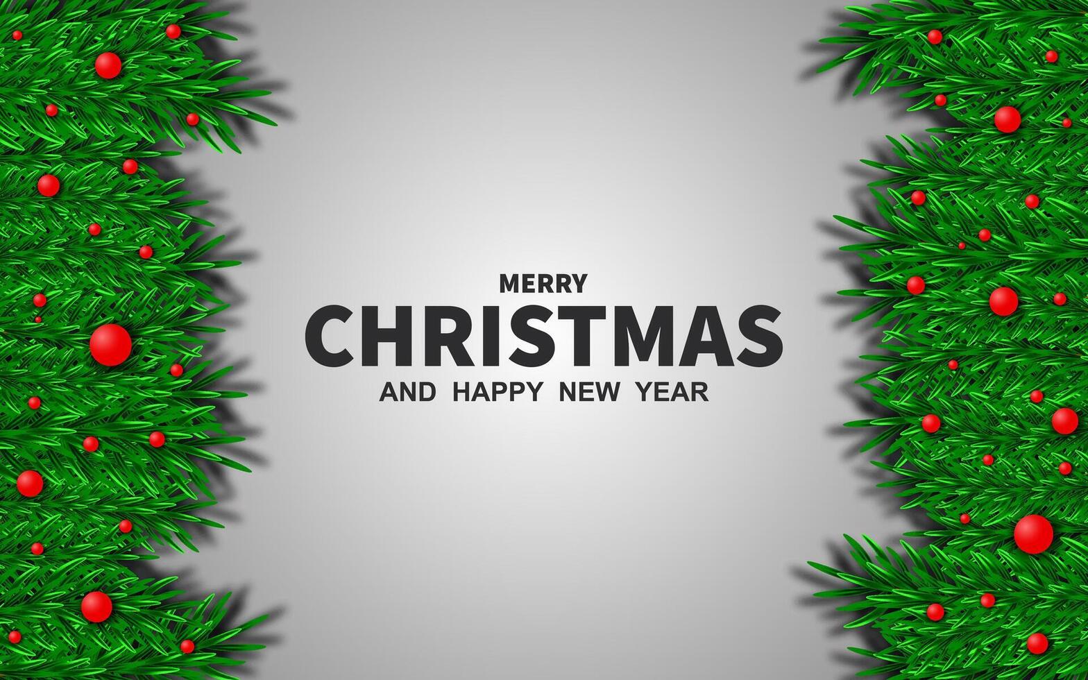 illustration for Merry Christmas and New Year. New Year greeting card with green pine branches, on background. vector