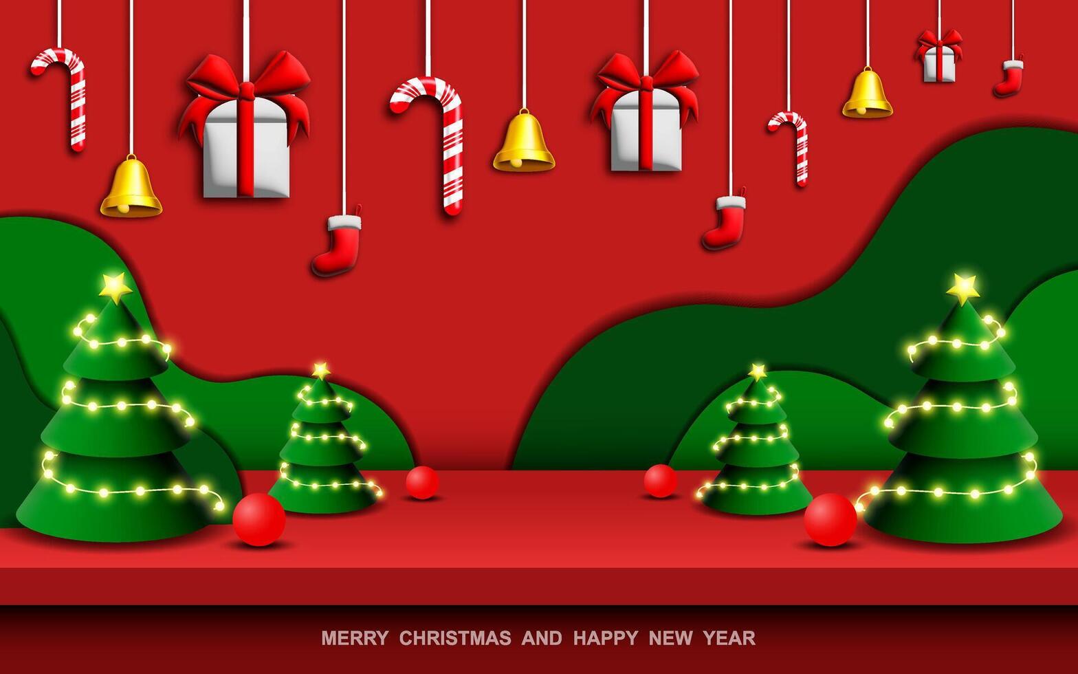 Merry Christmas greeting banner design. Christmas greeting text with 3d realistic elements vector