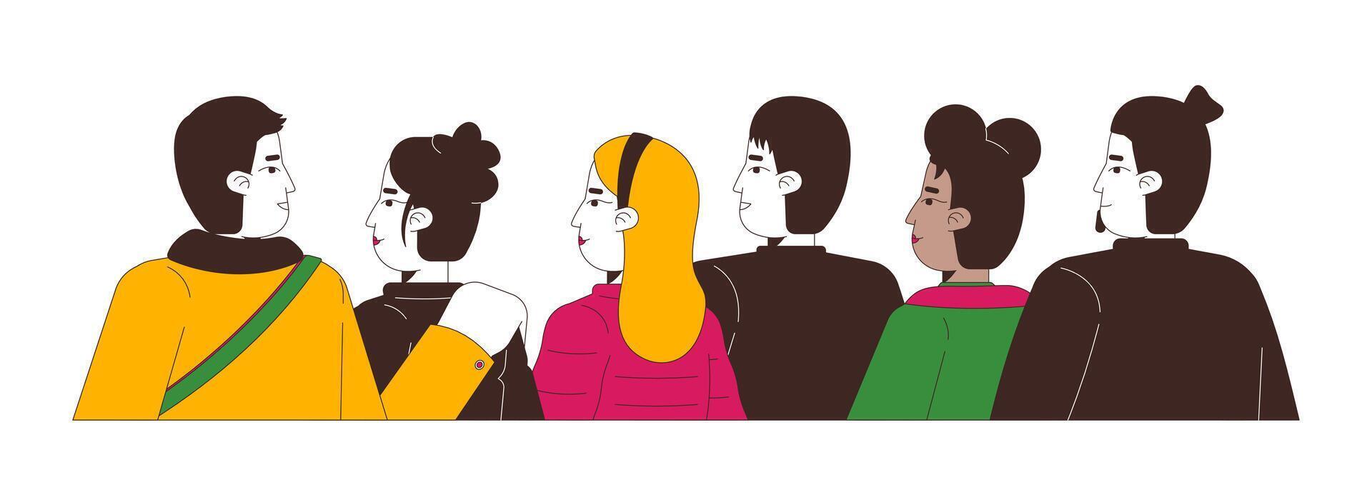 Urban diverse people in winter outerwear gazing 2D cartoon characters. Street audience multiracial adults looking watching isolated people flat on white background. Spot illustration colorful vector