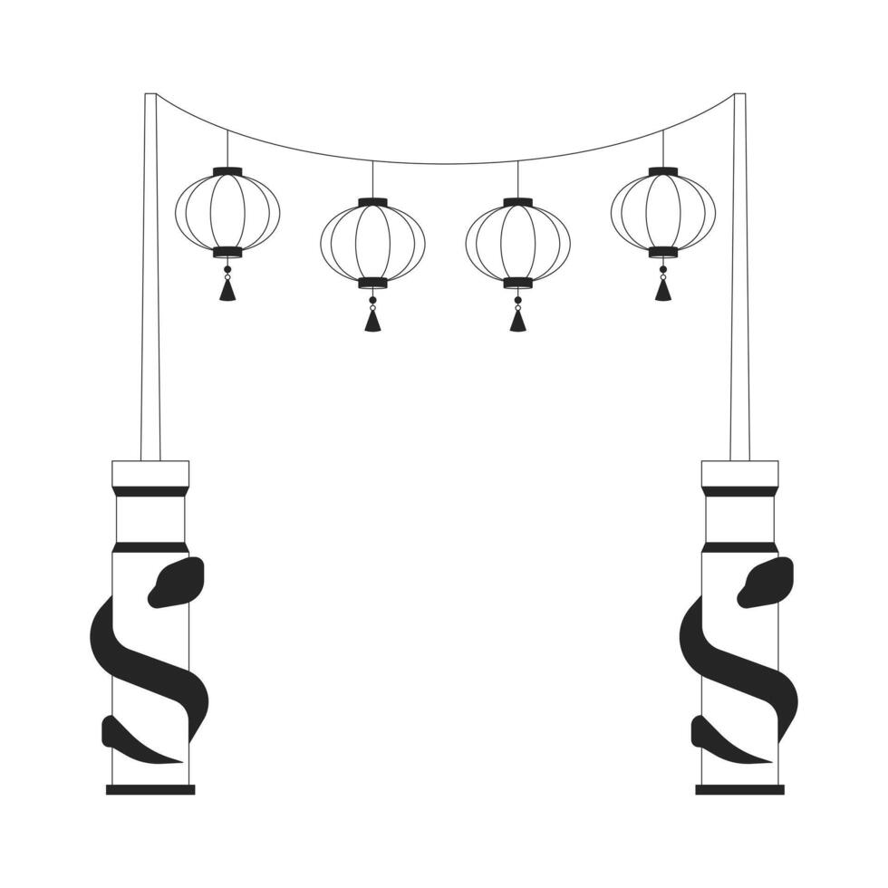 Chinese temple entrance with hanging paper lanterns black and white 2D line object. Spring festival gate. Traditional oriental arch isolated clip art outline item. Monochrome spot illustration vector