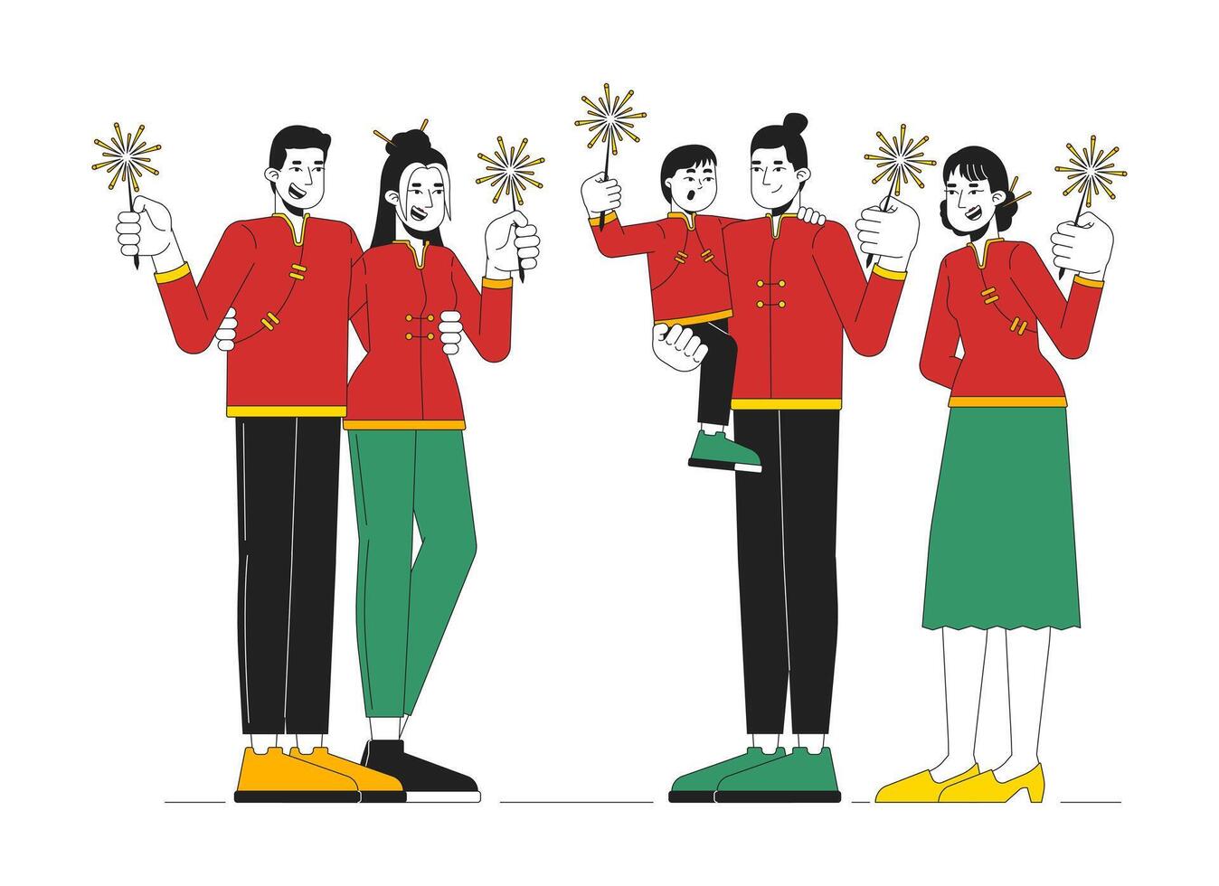Chinese New Year sparklers lighting cartoon flat illustration. Asian people in spring festival costumes celebrating cny holiday 2D characters isolated on white background. Colorful image vector
