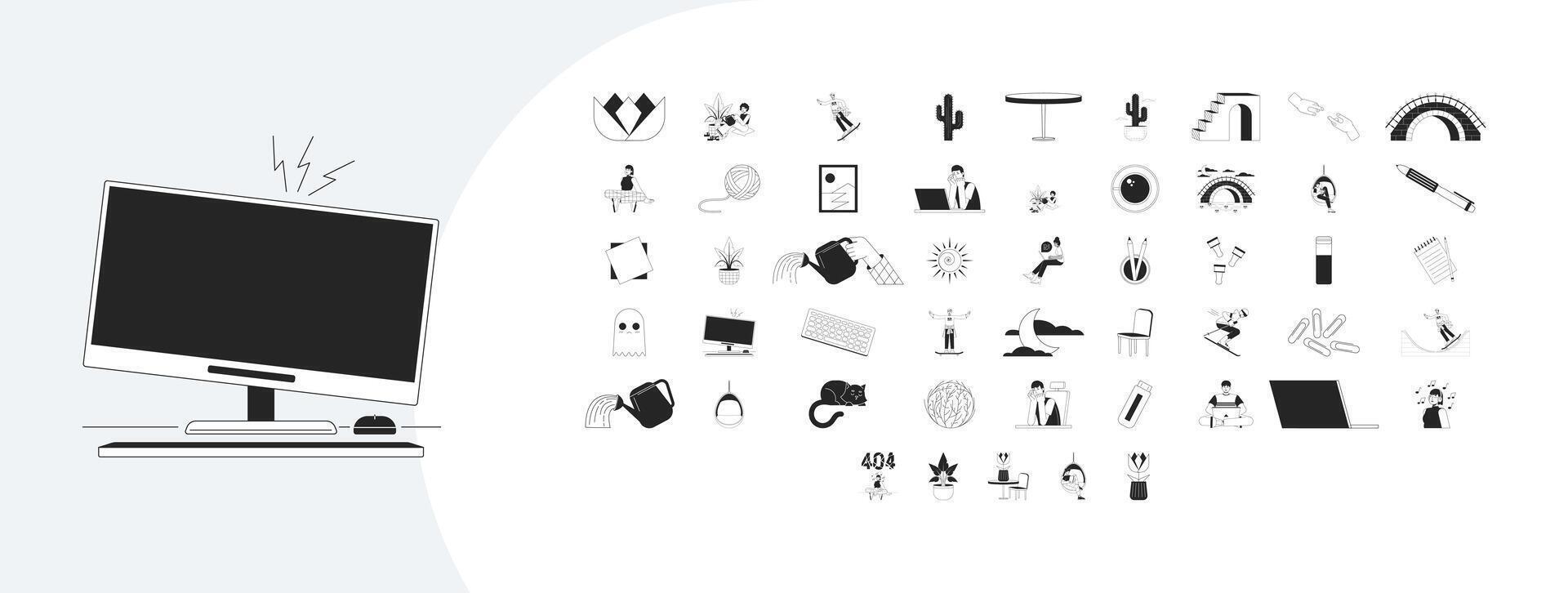 404 error cozy lifestyle outline illustrations mega bundle. Diverse people taking break 2D linear images isolated. Plant, weather, cat, ghost. Stationery still life collection black and white vector
