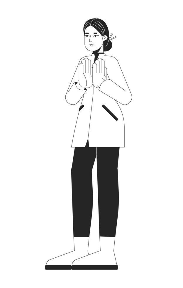Modern chinese woman in autumn coat clapping hands black and white 2D line character. Applauding asian lady with chopsticks hair bun isolated outline person. Monochromatic spot illustration vector
