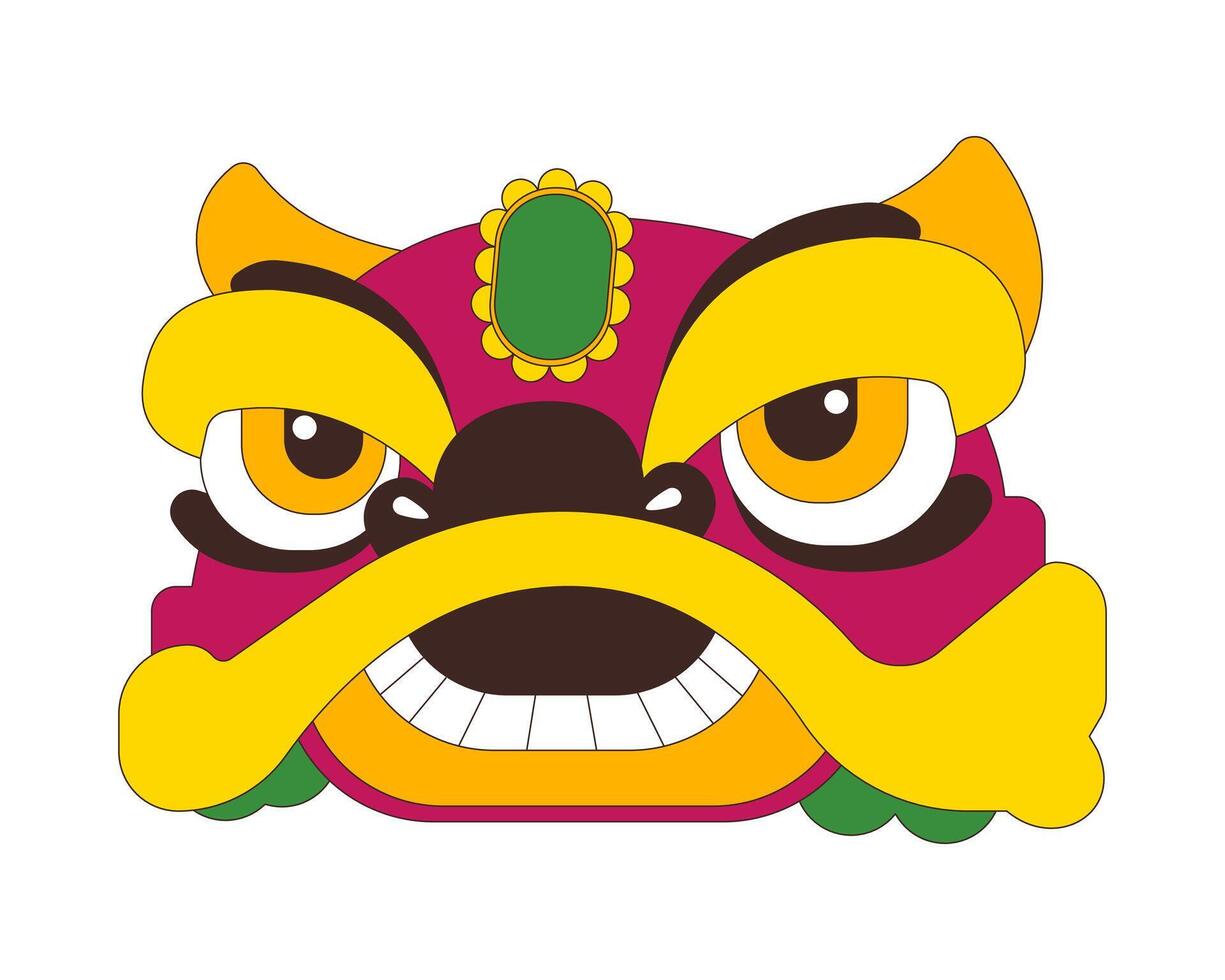 Chinese lion head 2D cartoon object. Spring festival, Lunar New Year. Traditional mascot costume dance equipment isolated element flat clipart on white background. Spot illustration vector