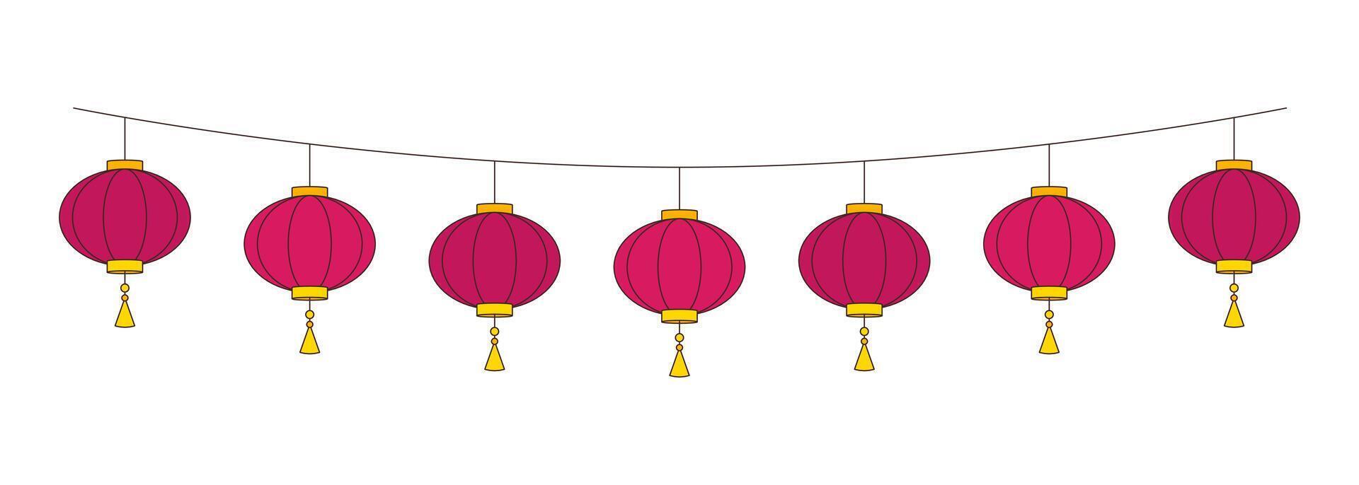 Paper lanterns hanging on string 2D cartoon object. Lunar new year decoration. Lantern festival. Chinese ornaments isolated element flat clipart on white background. Spot illustration vector