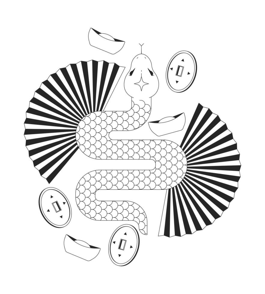 Chinese year of zodiac snake black and white 2D illustration concept. Serpent reptile. New year animal 2025 feng shui coins sycee fans outline composition isolated. Metaphor monochrome art vector