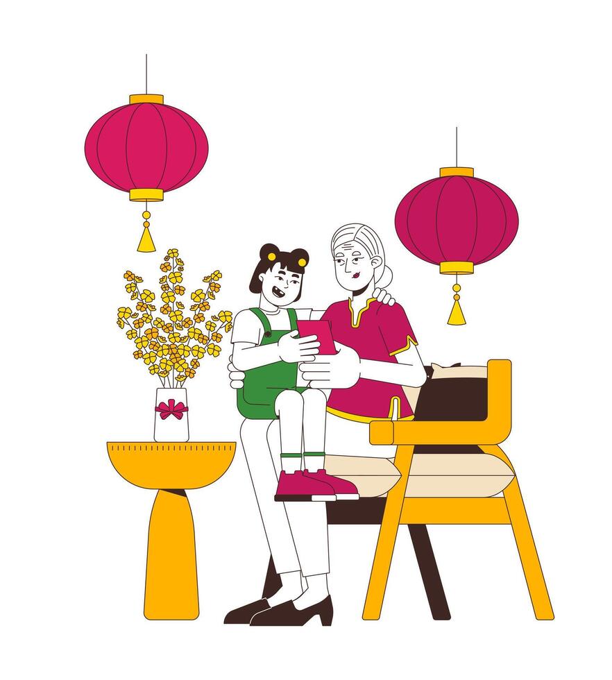 Grandmother giving red envelope to granddaughter cartoon flat illustration. Chinese New Year. Granny gifting lucky money packet grandchild 2D characters isolated on white. Colorful image vector