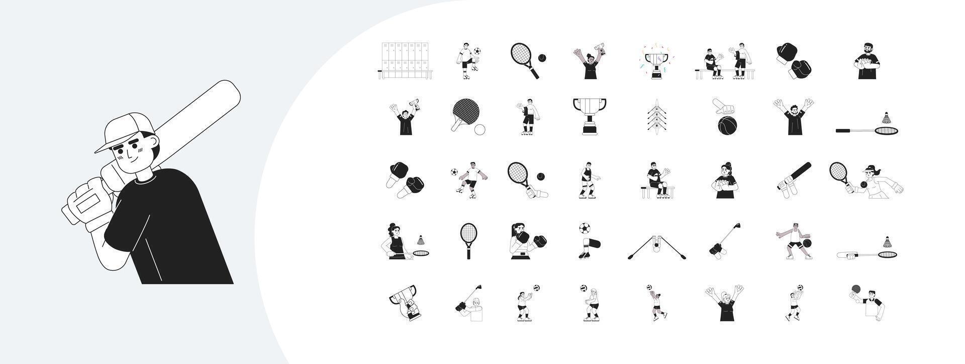 Athletes sports equipment outline illustrations mega bundle. Diverse sportsmen playing training 2D linear images isolated. Winner tournament recreation collection black and white drawings vector