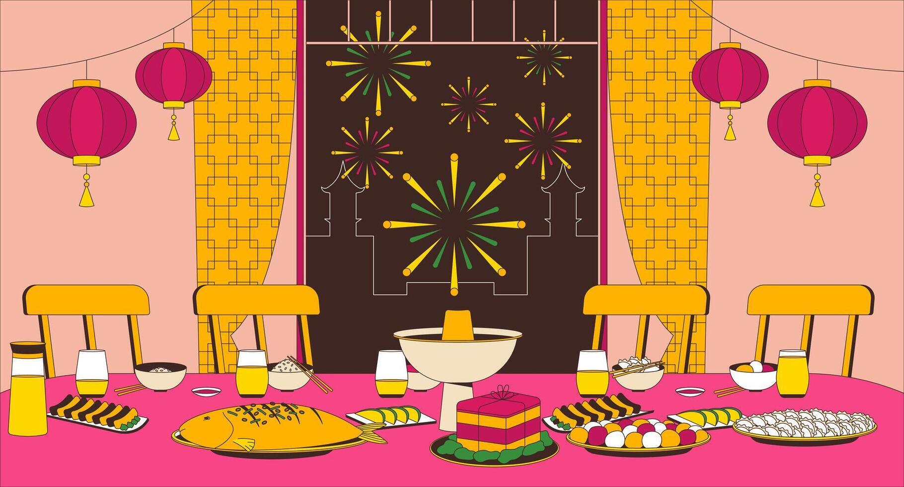 Traditional Lunar New Year foods table flat illustration. Lucky Chinese dishes, paper lanterns, fireworks night 2D interior cartoon background. Spring festival dinner firecrackers scene image vector