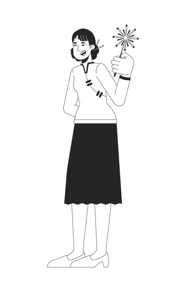 Happy chinese woman in tang suit holding sparkler stick black and white 2D line character. Asian female celebrating spring festival isolated outline person. Monochromatic spot illustration vector