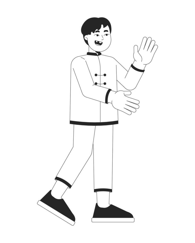 Chinese boy child in traditional tang suit clapping excited black and white 2D line character. Asian cute kid in oriental costume isolated outline person. Monochromatic spot illustration vector