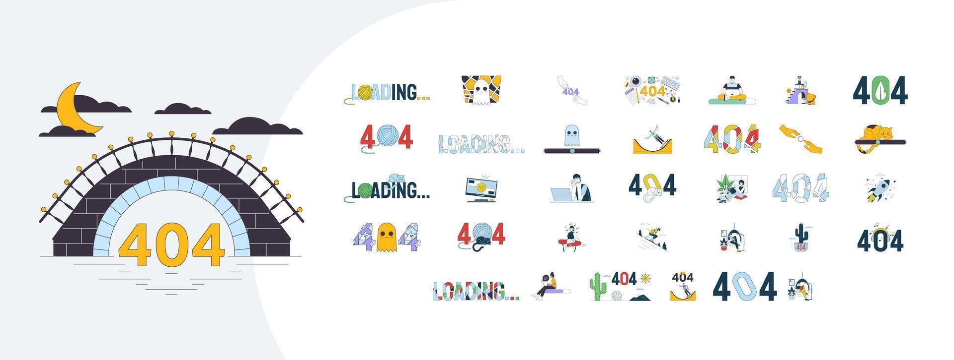 Loading and 404 error cartoon flat illustrations mega bundle. Thread ball cat, cute ghost, abstract 2D images isolated on white. Diverse people leisure lifestyle collection drawings colorful vector